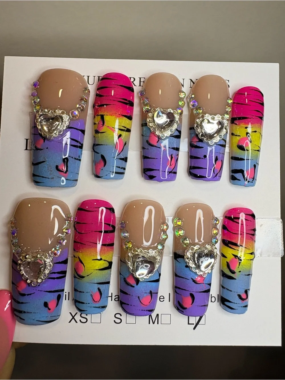 Vibrant Ombre Leopard Press-On Nails with Rhinestone Hearts